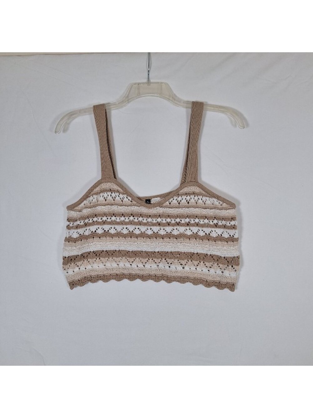 Crochet Knit Beige & White Striped Crop Top With Scalloped Hem